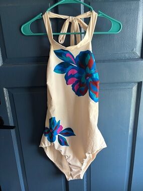 Sanctuary Cream Halter Swimsuit with Blue and Pink Floral Motif